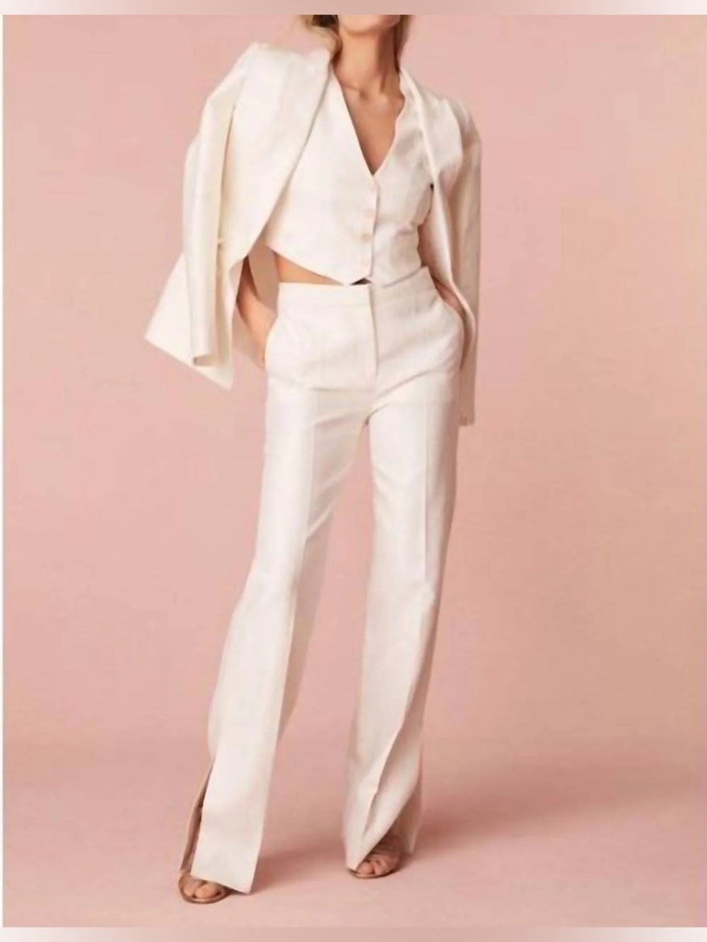 LoveShackFancy Ivory High-Waist Split-Hem Trousers